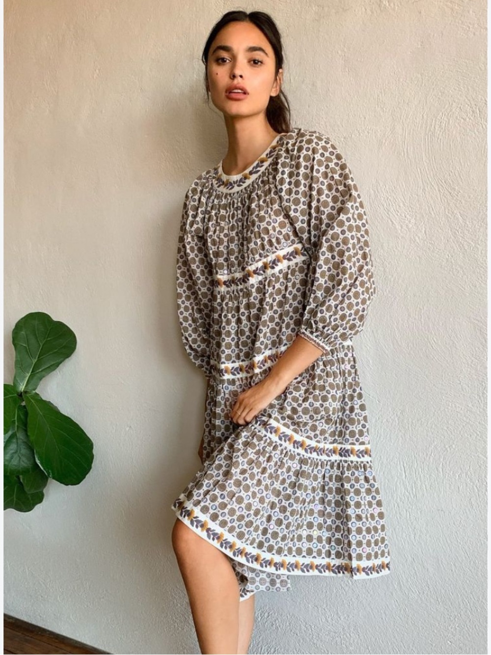 Tory Burch Boho Printed Tiered Cotton Women’s Dress in Taupe Floral